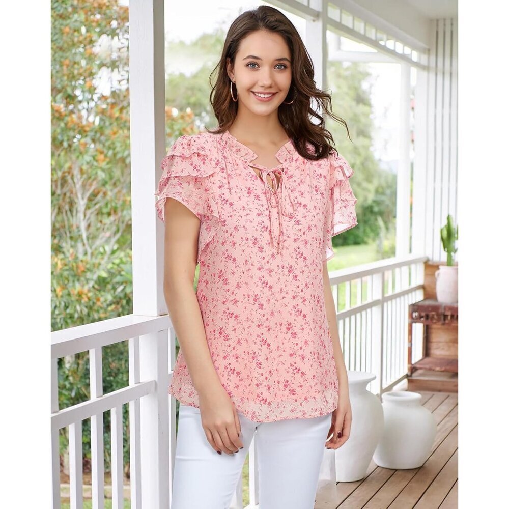 Chiffon Blouse Women Summer Ruffle Sleeves V-Neck Tie Detail Elegant Top - Picture 6 of 6